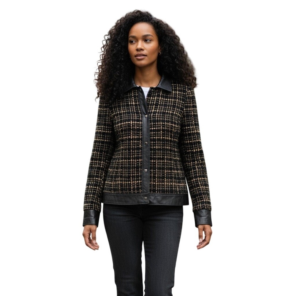 Talbots Collection Women's Black Tan Plaid Tweed Leather Trim Jacket Size 8